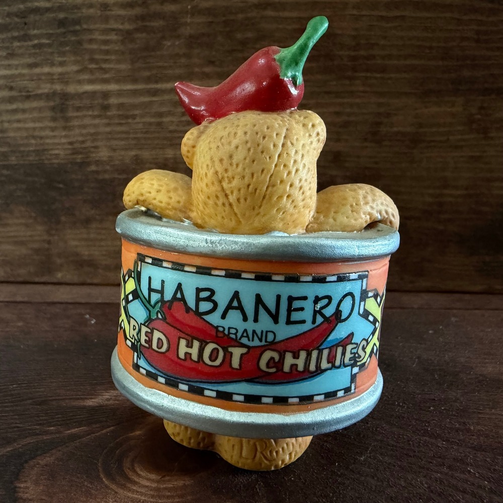 VTG Habanero Red Hot Chilies Teddy Bear Figurine Chili Pepper Hat Tin Can 1997 - Picture 3 of 8